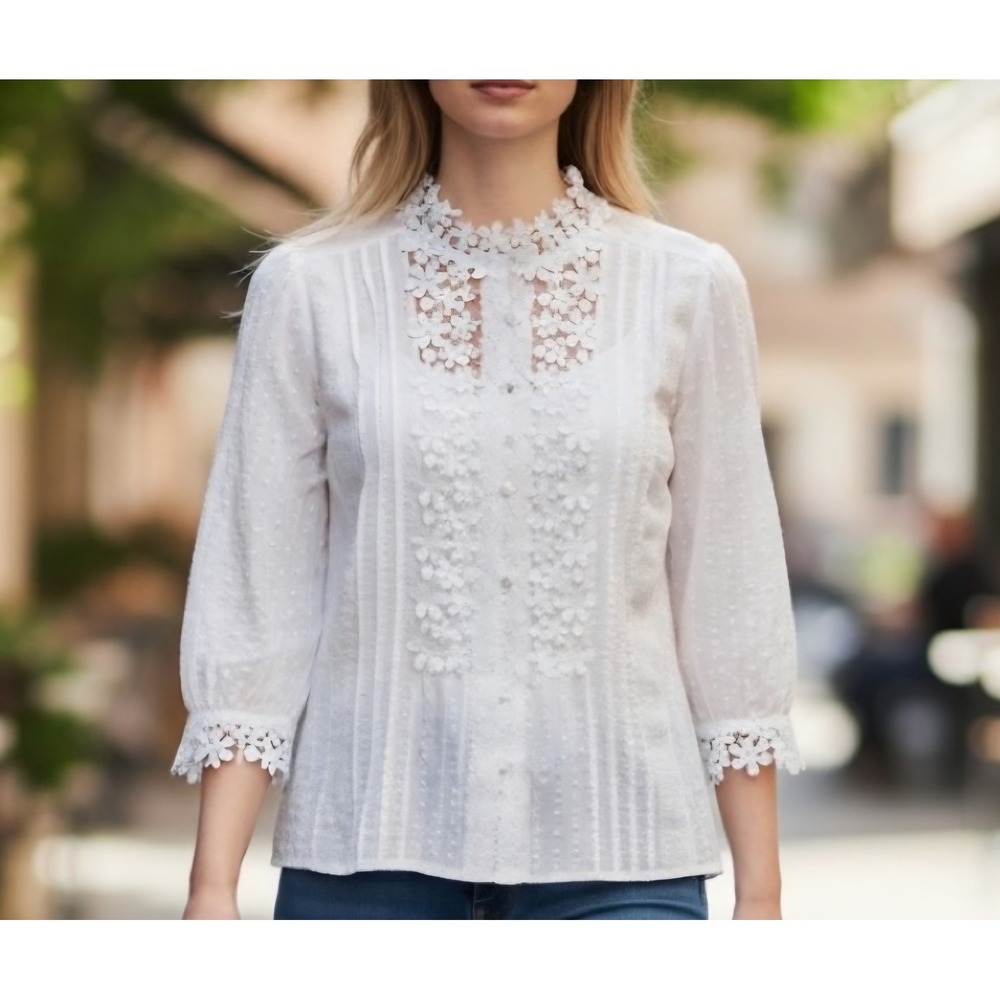 POL White Floral Lace Crochet Pintuck Swiss Dot Blouse Top Small